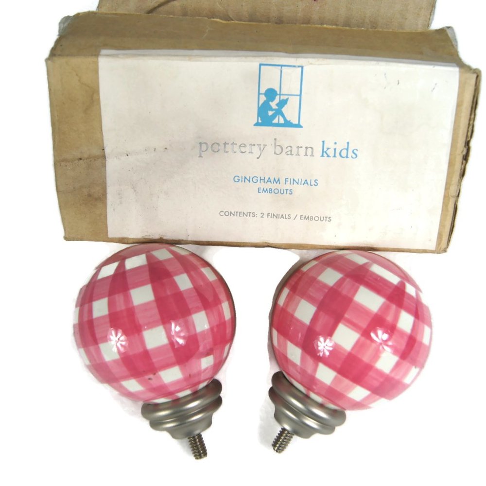 Pottery Barn Kids Gingham Finials Pink W/Brushed Nickel - Set of Two (2)